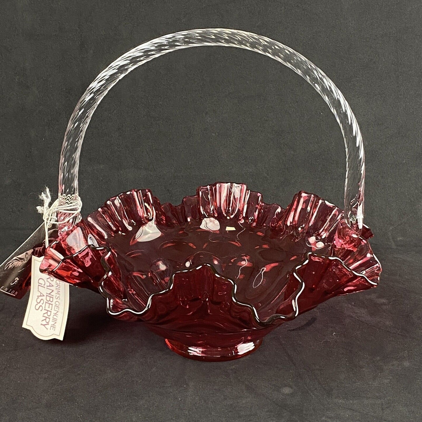 Pilgram Glass Fenton Cranberry with Clear Handle Basket Original Tags