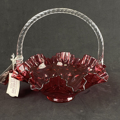 Pilgram Glass Fenton Cranberry with Clear Handle Basket Original Tags