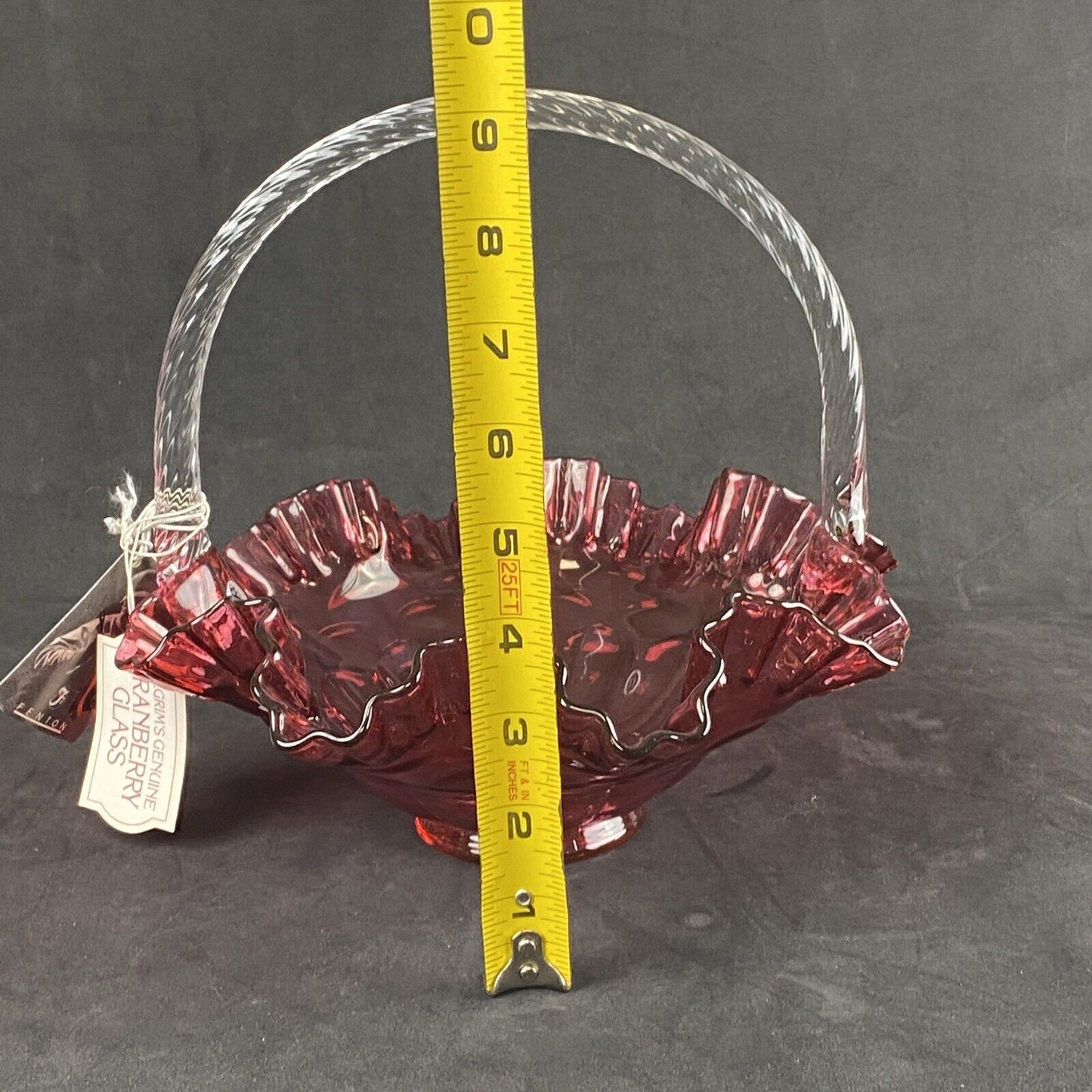 Pilgram Glass Fenton Cranberry with Clear Handle Basket Original Tags
