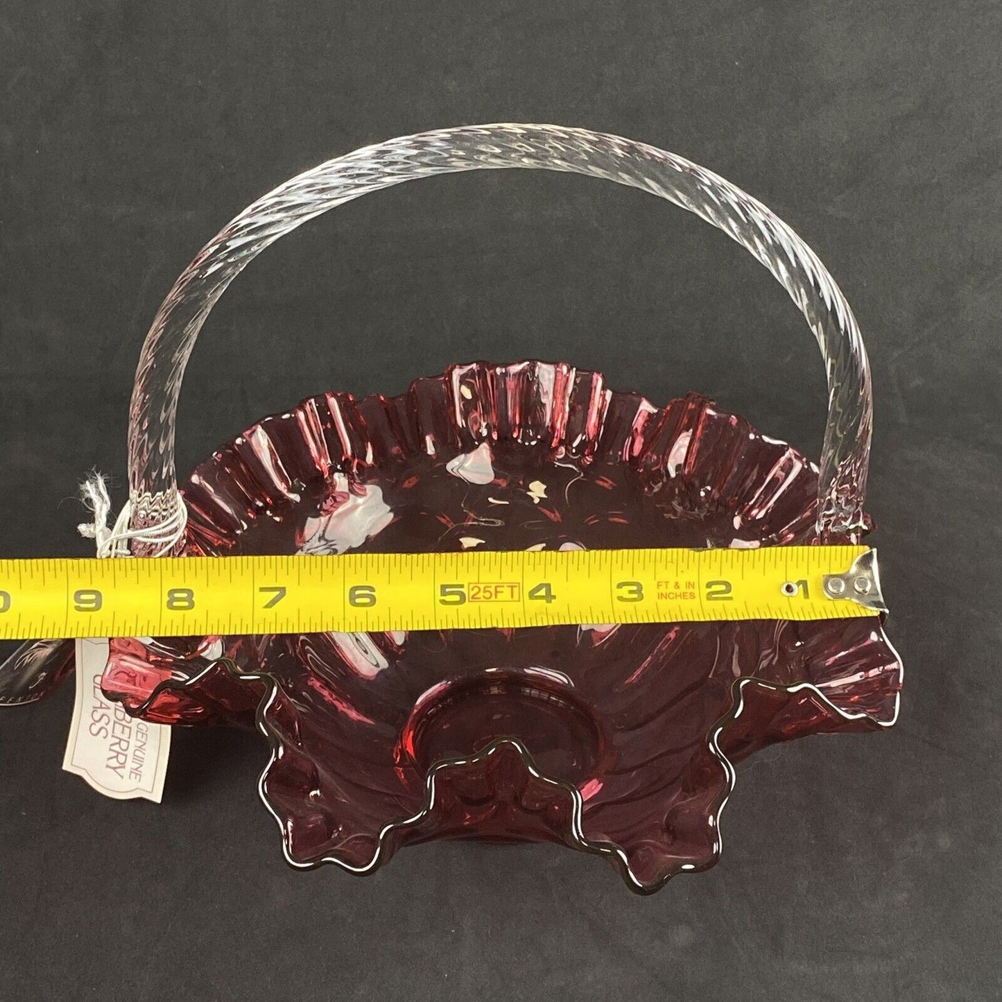 Pilgram Glass Fenton Cranberry with Clear Handle Basket Original Tags
