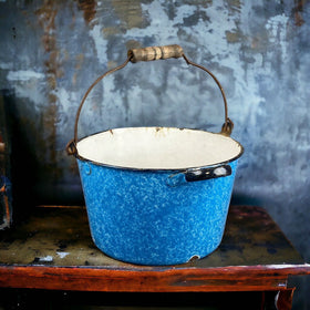 Antique Blue White Emeraldware bucket Graniteware Enamelware
