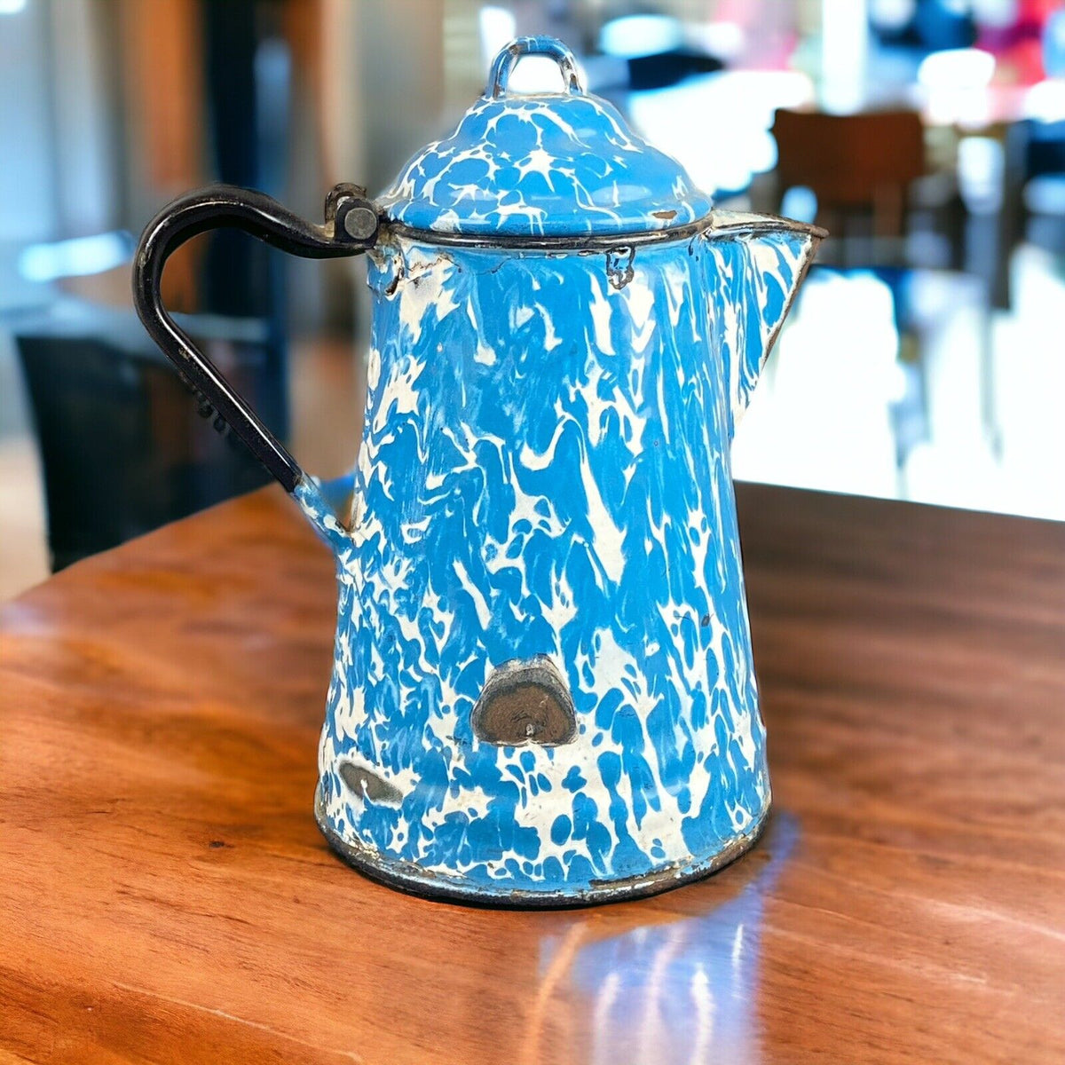 Antique Blue White Enamel Ware Pitcher Graniteware Enamelware