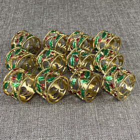 Set Of 12 Napkin Rings Christmas Holly Gold, Red, Green