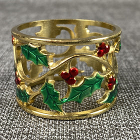 Set Of 12 Napkin Rings Christmas Holly Gold, Red, Green