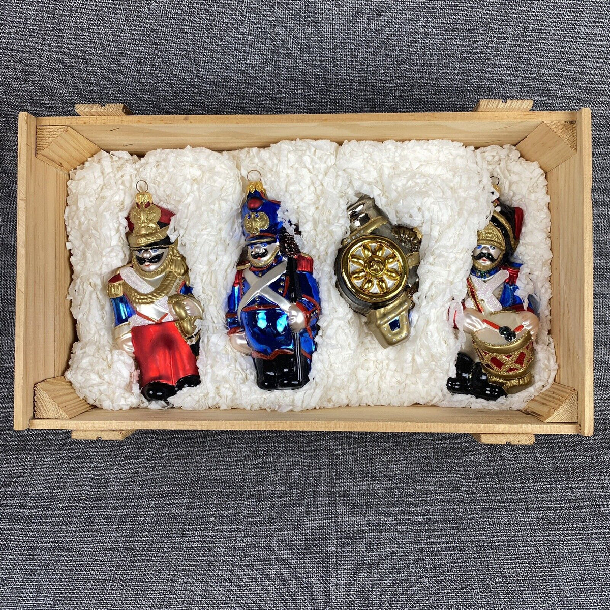 Kurt Adler Napoleonic Soldiers Christmas Glass Ornament in wooden Box VIDEO