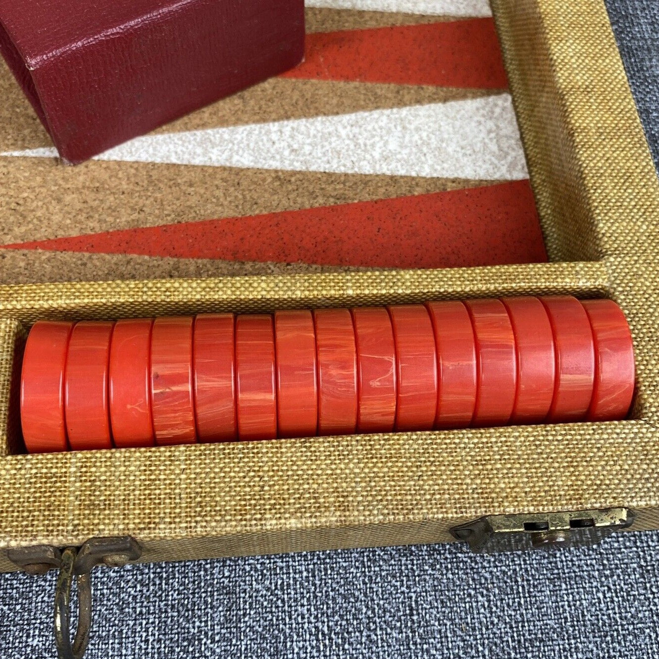 Vintage Crisloid Bakelite Catalan Backgammon Set Red & Butterscotch 1.25" Chips