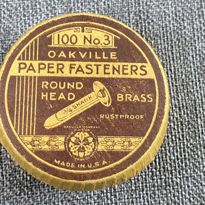 1948 Oakville Paper Fasteners Round Head Brass Round Box #4 Box