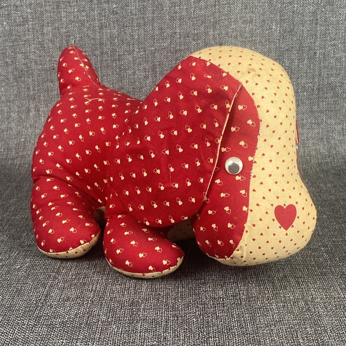 Vintage 1940s Handmade Sewn Stuffed Dog Plush, hearts,  about  10" long