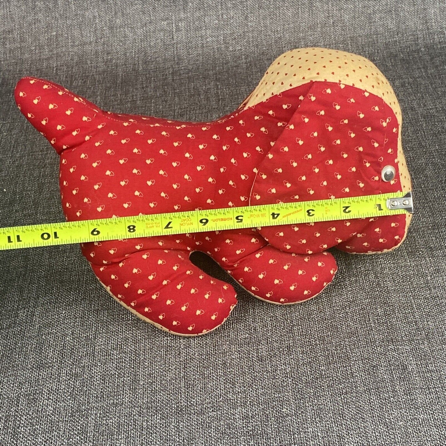 Vintage 1940s Handmade Sewn Stuffed Dog Plush, hearts,  about  10" long