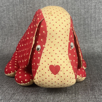 Vintage 1940s Handmade Sewn Stuffed Dog Plush, hearts,  about  10" long