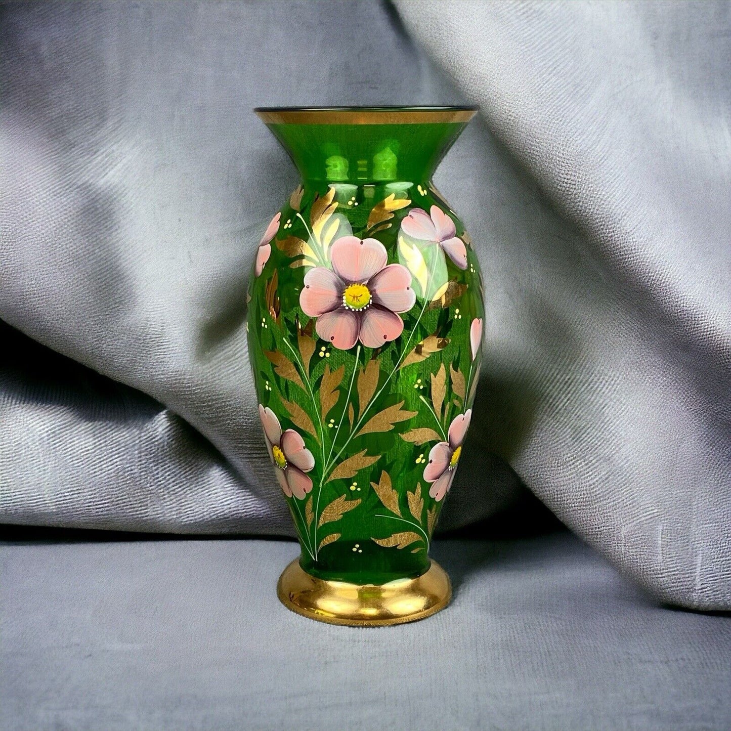 Bohemian Czech Art Glass Vase. Emerald Sold Paint Enamel Flowers 9” hand painted