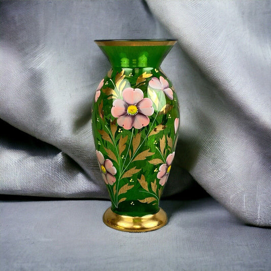 Bohemian Czech Art Glass Vase. Emerald Sold Paint Enamel Flowers 9” hand painted