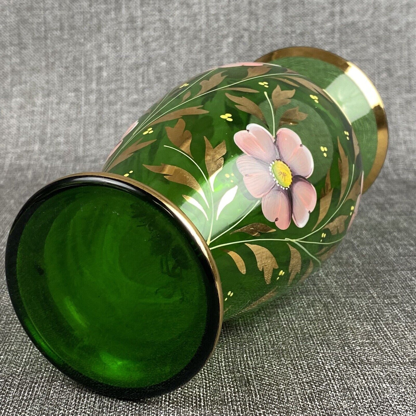 Bohemian Czech Art Glass Vase. Emerald Sold Paint Enamel Flowers 9” hand painted