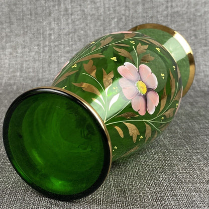 Bohemian Czech Art Glass Vase. Emerald Sold Paint Enamel Flowers 9” hand painted