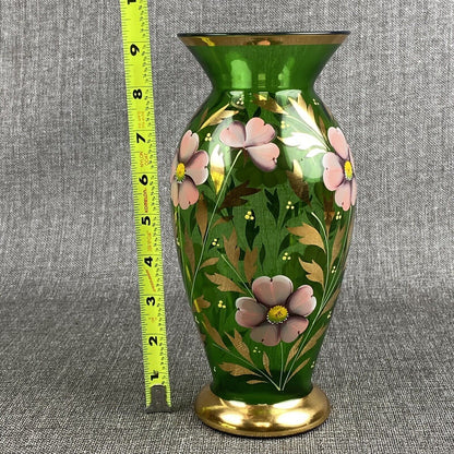 Bohemian Czech Art Glass Vase. Emerald Sold Paint Enamel Flowers 9” hand painted