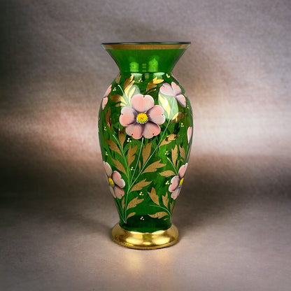 Bohemian Czech Art Glass Vase. Emerald Sold Paint Enamel Flowers 9” hand painted