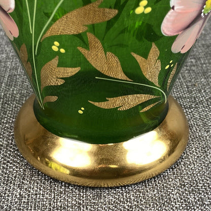 Bohemian Czech Art Glass Vase. Emerald Sold Paint Enamel Flowers 9” hand painted