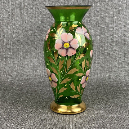 Bohemian Czech Art Glass Vase. Emerald Sold Paint Enamel Flowers 9” hand painted