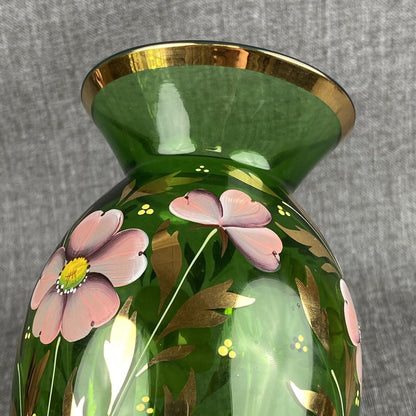 Bohemian Czech Art Glass Vase. Emerald Sold Paint Enamel Flowers 9” hand painted