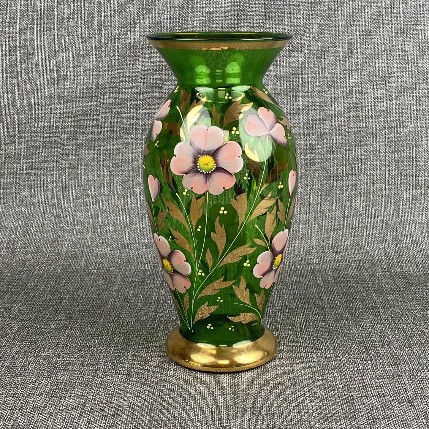 Bohemian Czech Art Glass Vase. Emerald Sold Paint Enamel Flowers 9” hand painted