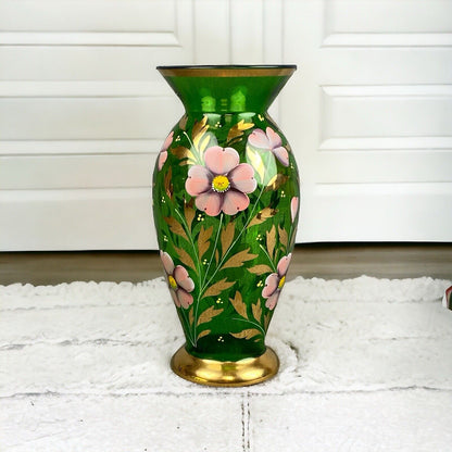 Bohemian Czech Art Glass Vase. Emerald Sold Paint Enamel Flowers 9” hand painted