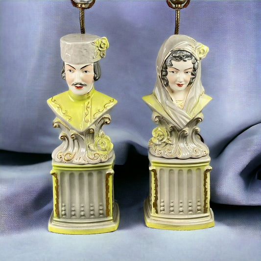 Vintage Pair of Lamps Green and Grey Male and Female Busts