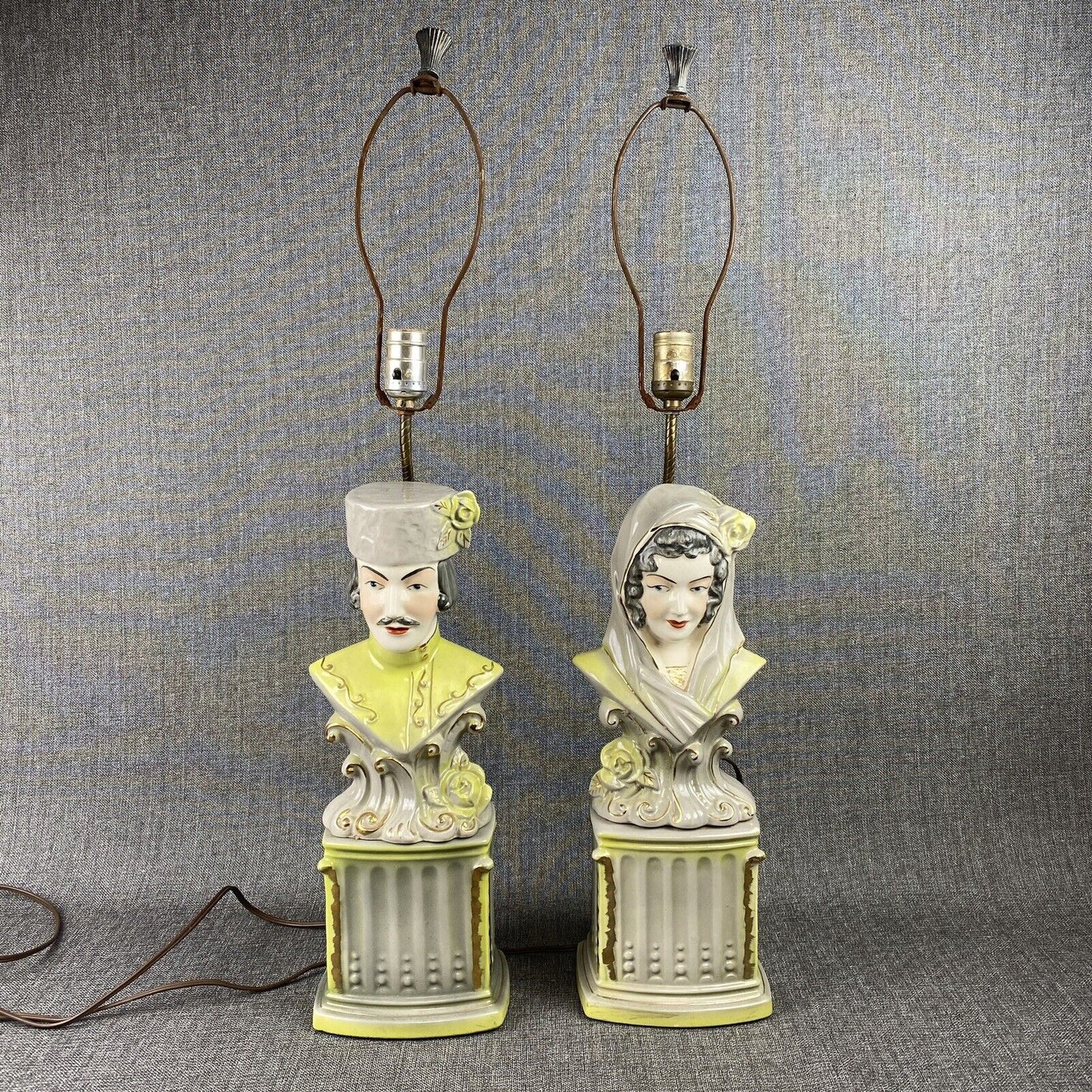 Vintage Pair of Lamps Green and Grey Male and Female Busts