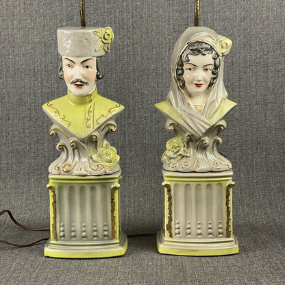 Vintage Pair of Lamps Green and Grey Male and Female Busts