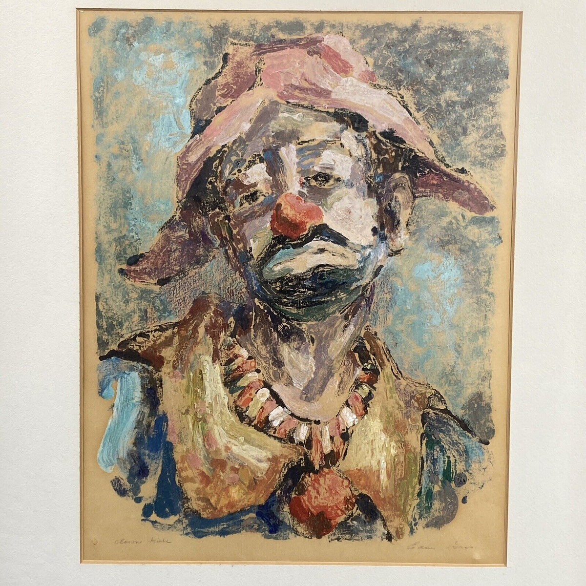 Original Signed Clown Gouache Painting by American Impressionist Edna Gass 21x18