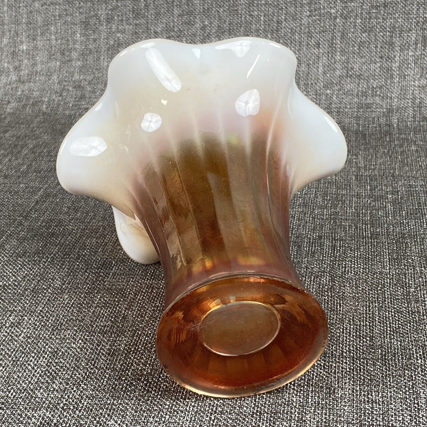 Dugan Iridescent Marigold Carnival Opalescent Glass Vase Standing 5.25 in Tall