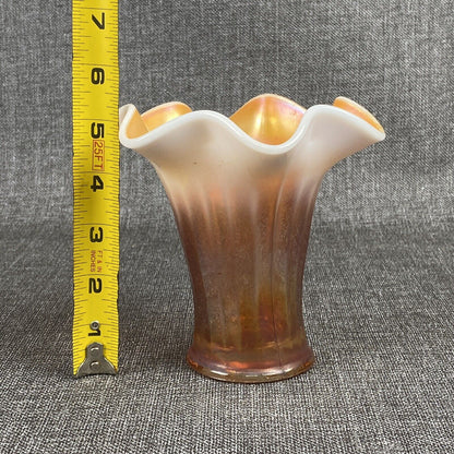 Dugan Iridescent Marigold Carnival Opalescent Glass Vase Standing 5.25 in Tall