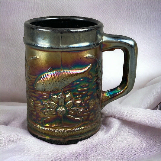 Vintage Dugan Fisherman's Mug Iridescent Fish Carnival Glass