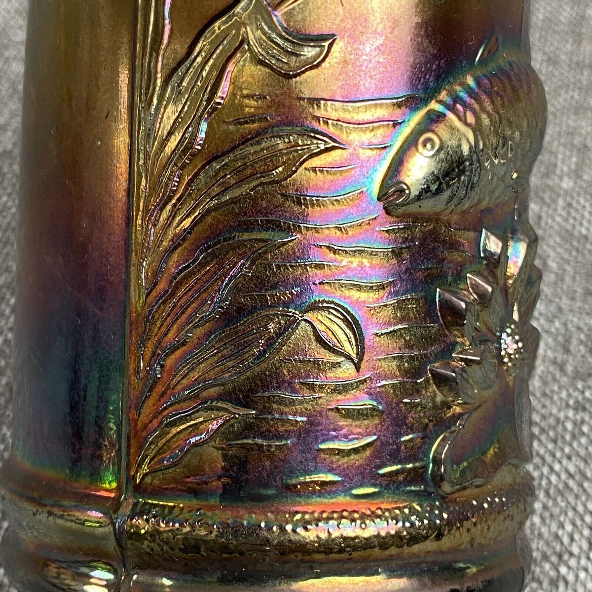 Vintage Dugan Fisherman's Mug Iridescent Fish Carnival Glass