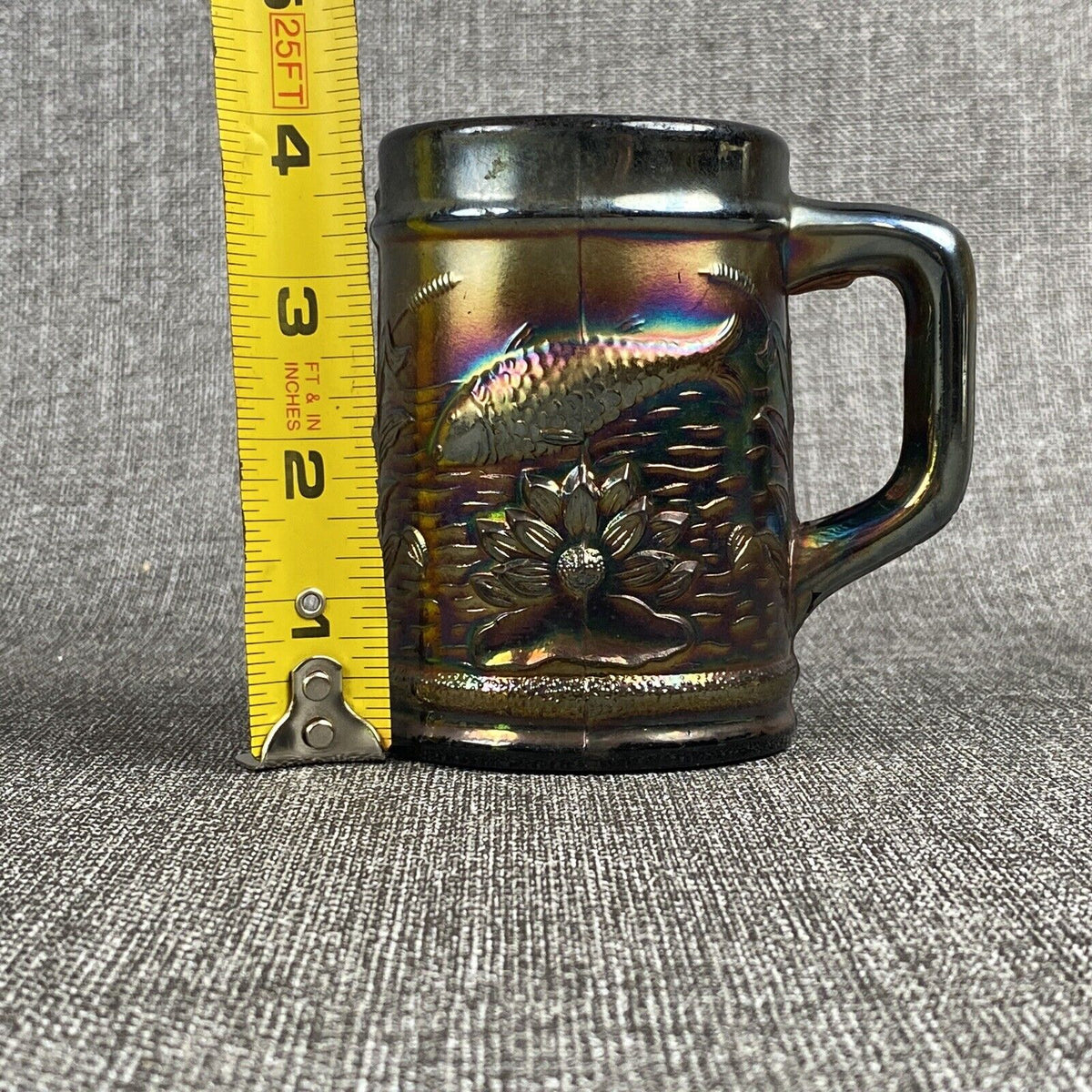 Vintage Dugan Fisherman's Mug Iridescent Fish Carnival Glass