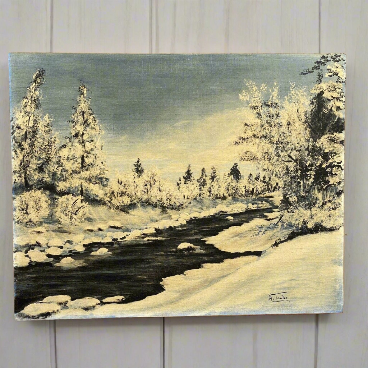 A Towler SIGNED Scene Winter Landscape Painting on Plyex Canvas Board 20"x16"