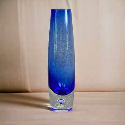 Controlled Bubble Cobalt Blue Art Glass Vase 11" Hand Blown