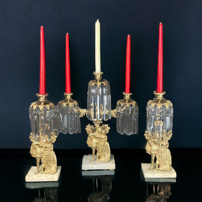 Antique Girandole Candlesticks Marble Brass & Crystal Prisms Set Victorian