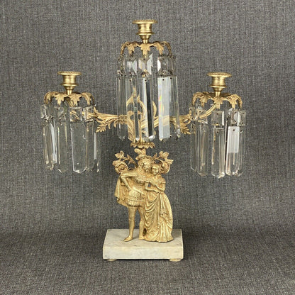 Antique Girandole Candlesticks Marble Brass & Crystal Prisms Set Victorian