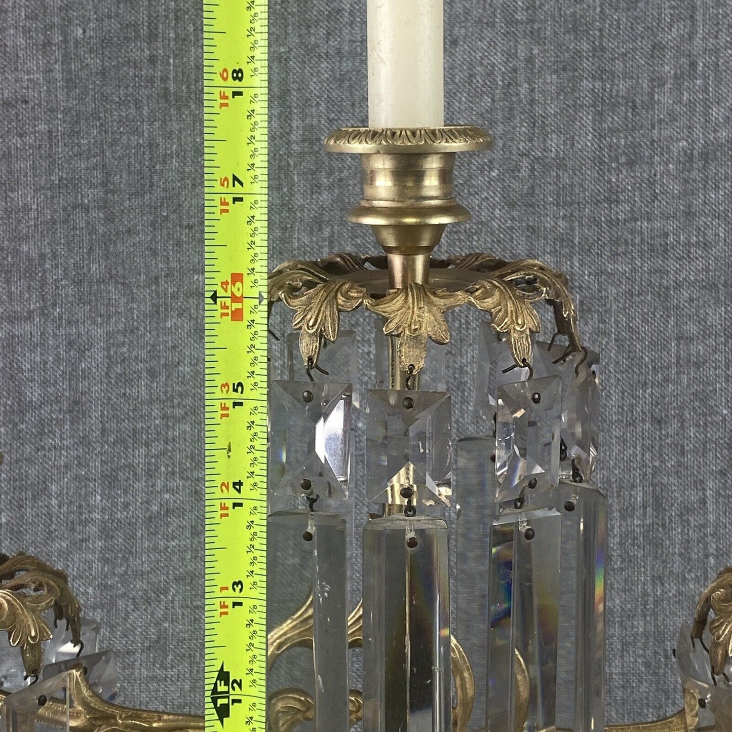 Antique Girandole Candlesticks Marble Brass & Crystal Prisms Set Victorian