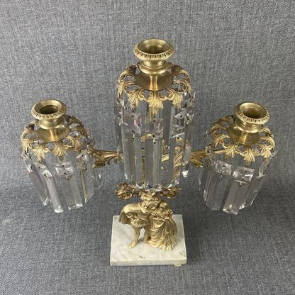 Antique Girandole Candlesticks Marble Brass & Crystal Prisms Set Victorian