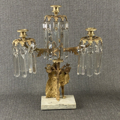 Antique Girandole Candlesticks Marble Brass & Crystal Prisms Set Victorian