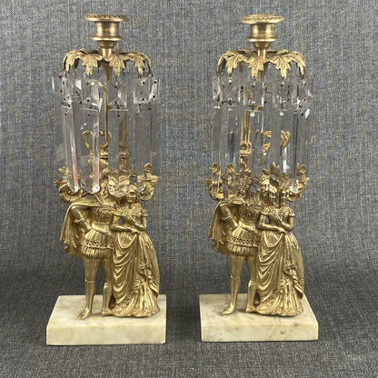 Antique Girandole Candlesticks Marble Brass & Crystal Prisms Set Victorian