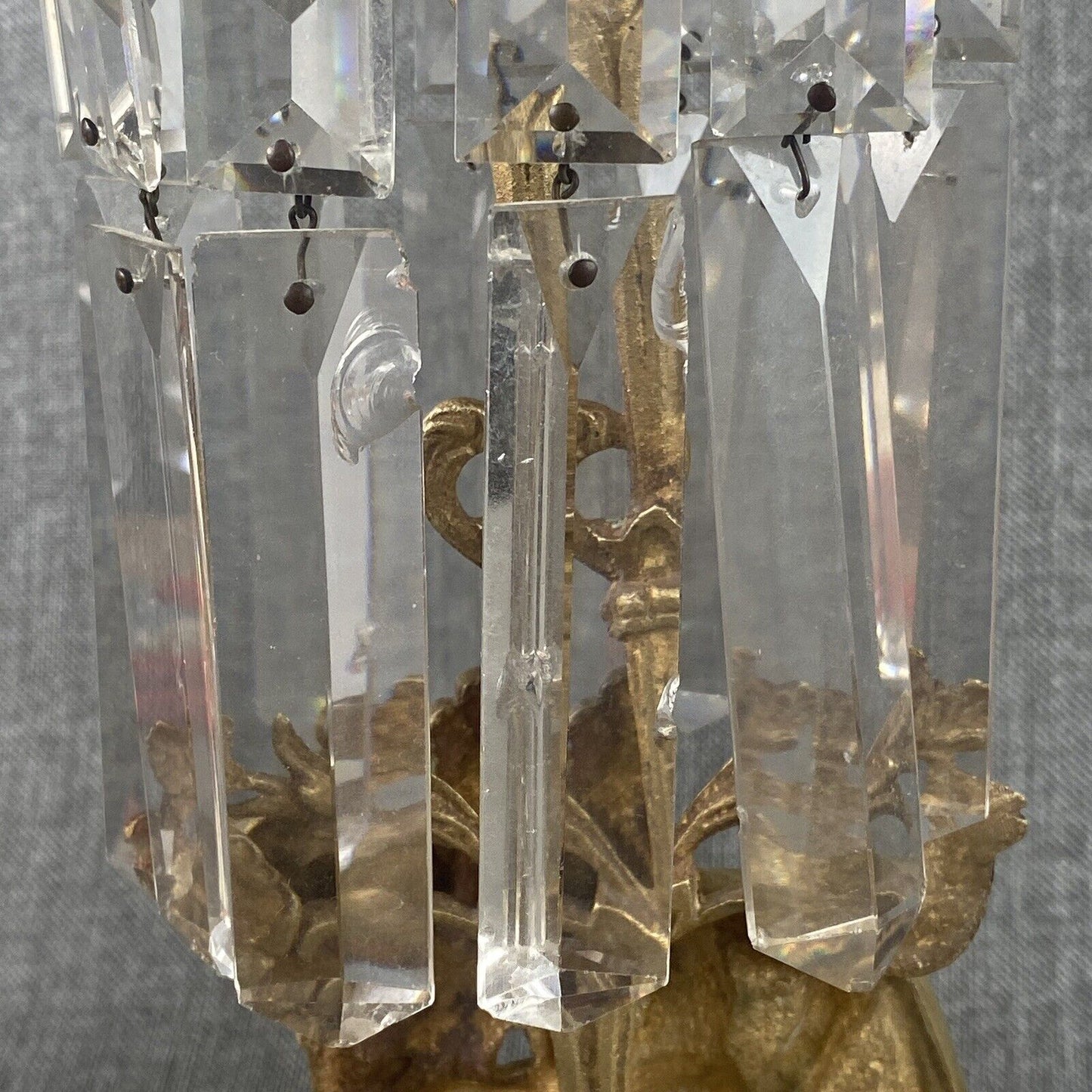 Antique Girandole Candlesticks Marble Brass & Crystal Prisms Set Victorian