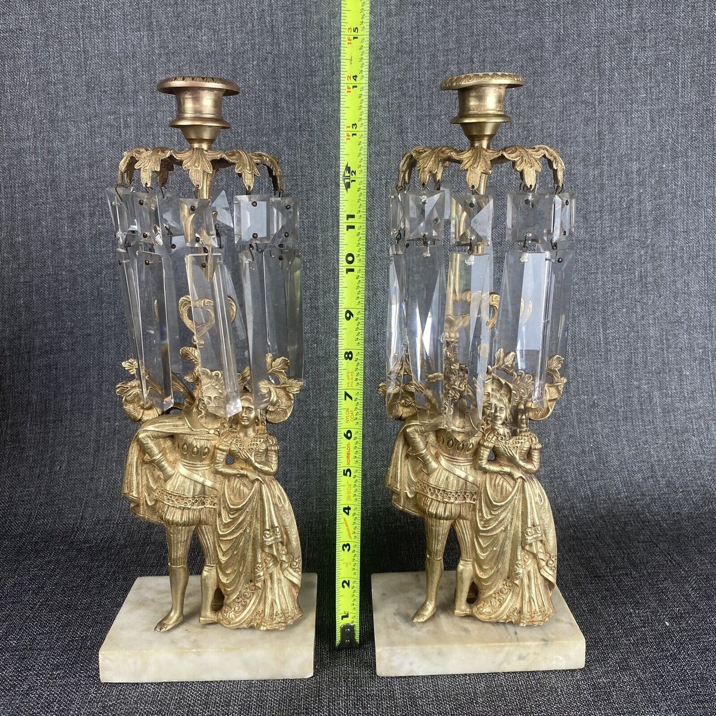 Antique Girandole Candlesticks Marble Brass & Crystal Prisms Set Victorian