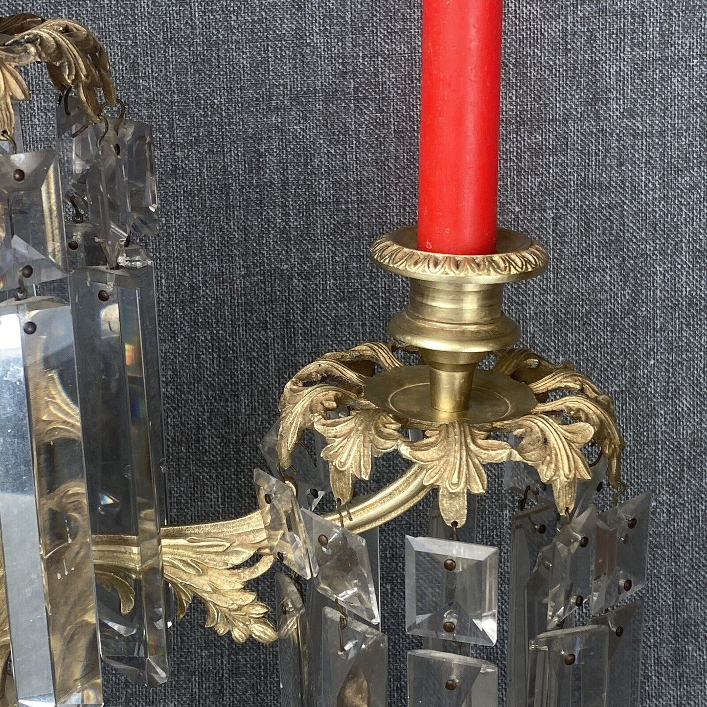 Antique Girandole Candlesticks Marble Brass & Crystal Prisms Set Victorian