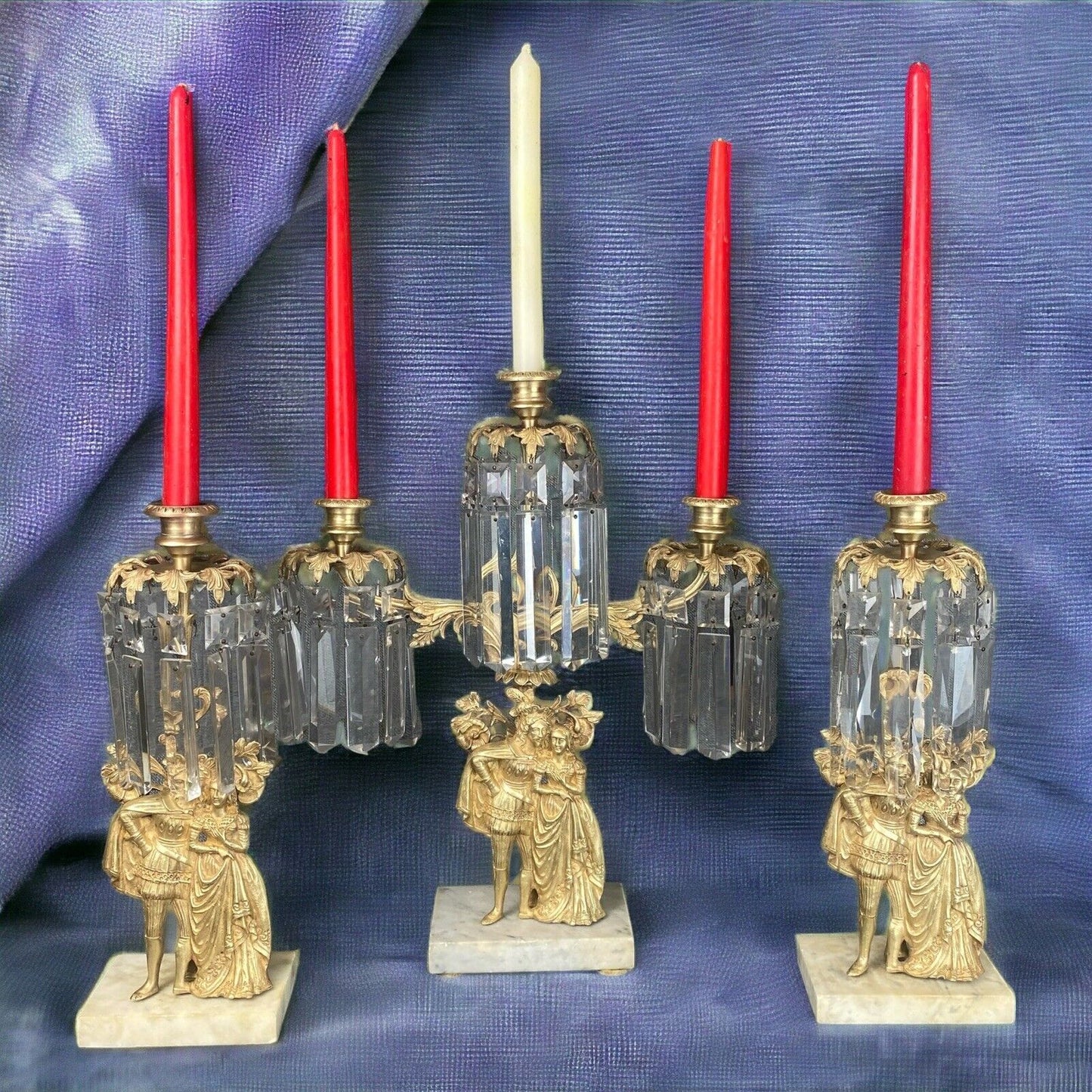 Antique Girandole Candlesticks Marble Brass & Crystal Prisms Set Victorian