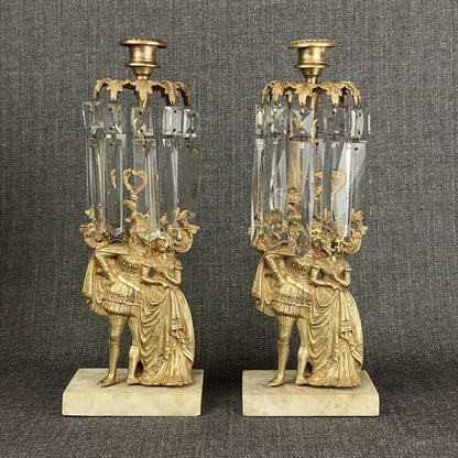 Antique Girandole Candlesticks Marble Brass & Crystal Prisms Set Victorian