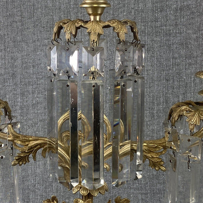 Antique Girandole Candlesticks Marble Brass & Crystal Prisms Set Victorian