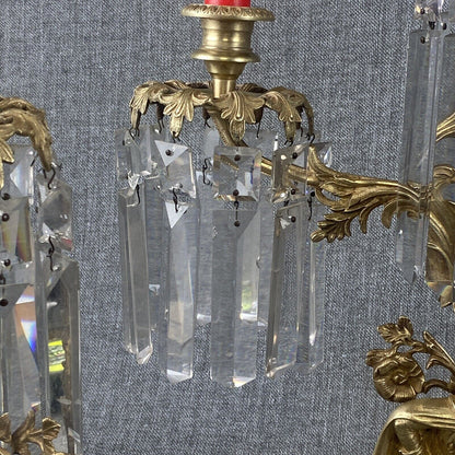 Antique Girandole Candlesticks Marble Brass & Crystal Prisms Set Victorian