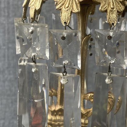 Antique Girandole Candlesticks Marble Brass & Crystal Prisms Set Victorian